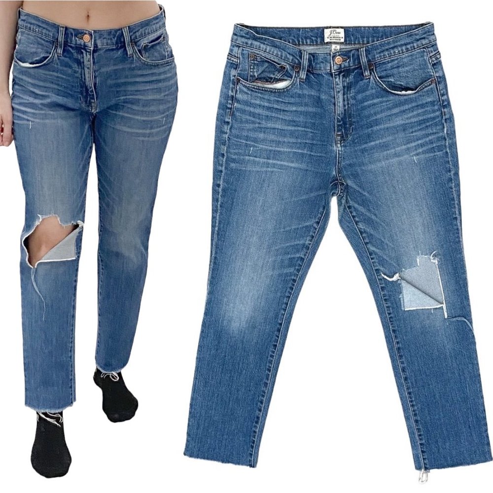 J. Crew Slim Broken In Distressed Raw Hem Boyfriend Jeans in Medium Wash Denim